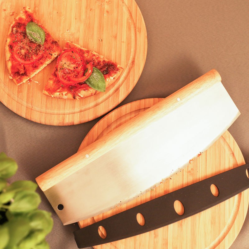 Ventes Hachoir berceuse Couteau à Pizza Inox avec manche en bois, 1 Lame avec Étui protecteur HxB 12x35cm, argenté déstockage - -1