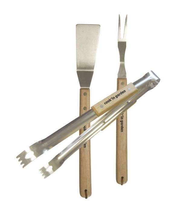 Ventes Set pince + fourchette + spatule inox et bois Cook'In Garden déstockage - -0