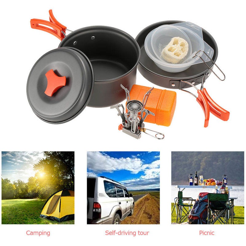 Ventes TOMSHOO camping en plein air Randonnee Batterie de cuisine avec Minicamping allumage piezoelectrique Backpacking Poele cuisine Set Poele Pot pique-nique déstockage - -1